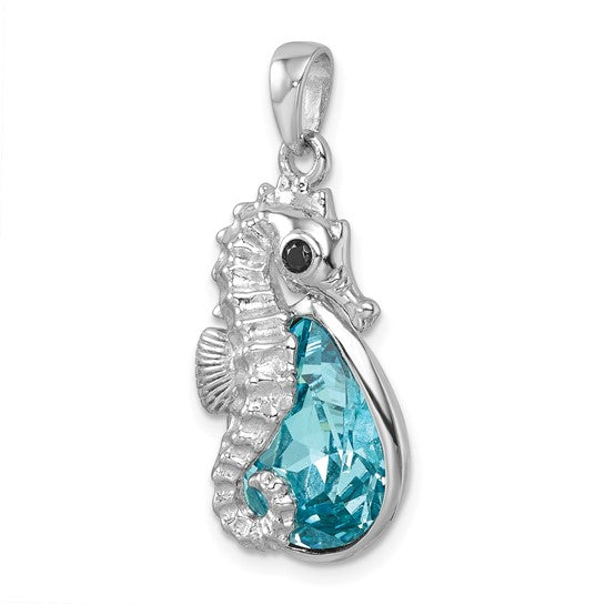 Sterling Silver Aqua Blue Crystal Background Seahorse Pendant- Sparkle & Jade-SparkleAndJade.com PLP-466