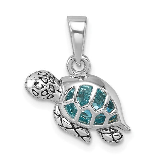 Sterling Silver Aqua Crystal Swimming Baby Turtle Pendant- Sparkle & Jade-SparkleAndJade.com 