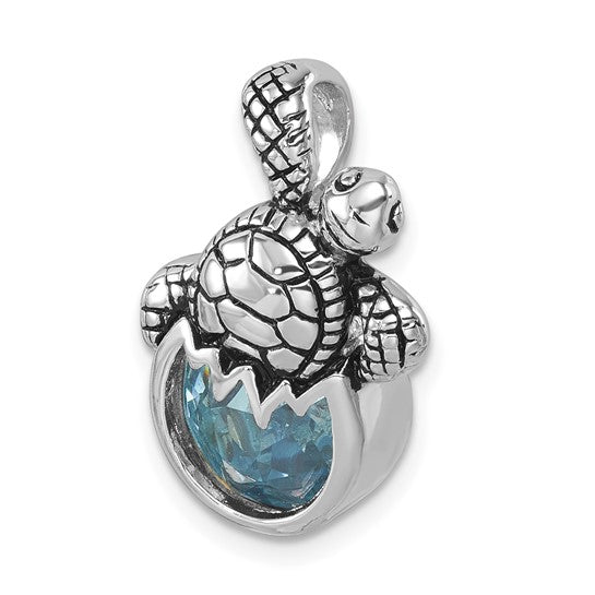 Sterling Silver Aqua Crystal Hatching Turtle Slide Pendant- Sparkle & Jade-SparkleAndJade.com 