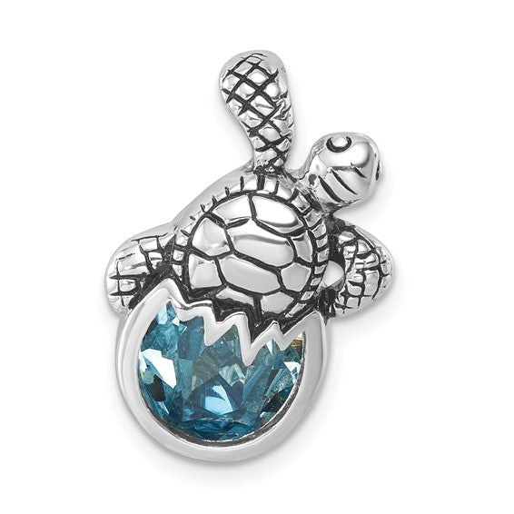 Sterling Silver Aqua Crystal Hatching Turtle Slide Pendant- Sparkle & Jade-SparkleAndJade.com 