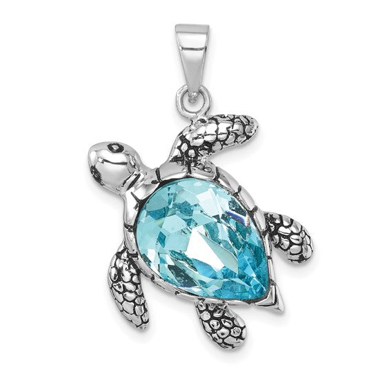 Sterling Silver Aqua Crystal Sea Turtle Pendant - Medium- Sparkle & Jade-SparkleAndJade.com 