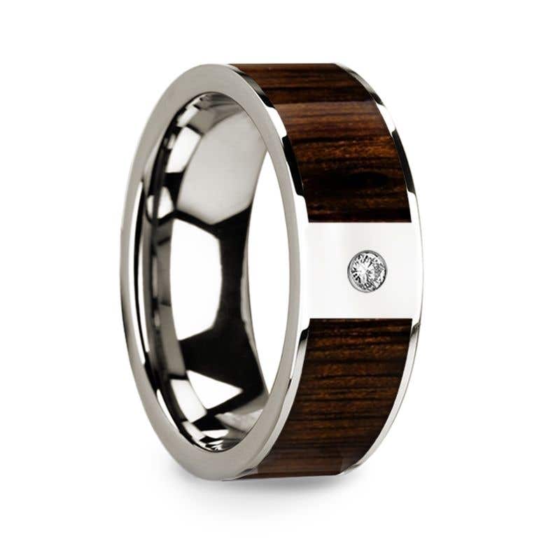 Polished 14k White Gold & Black Walnut Inlay Wedding Ring with Diamond - 8mm- Sparkle & Jade-SparkleAndJade.com 