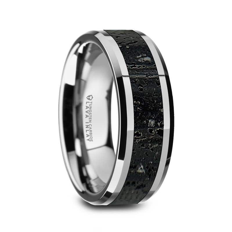 Polished Tungsten Wedding Band with Black & Gray Lava Rock Stone Inlay & Polished Beveled Edges - 8mm - Kilauea- Sparkle & Jade-SparkleAndJade.com 