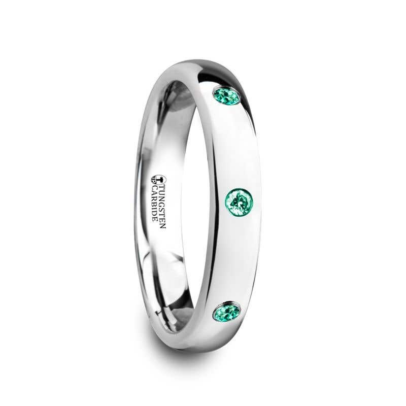 Polished and Domed Tungsten Carbide Wedding Ring with 3 Green Emeralds Setting - 4mm - Chloe- Sparkle & Jade-SparkleAndJade.com 