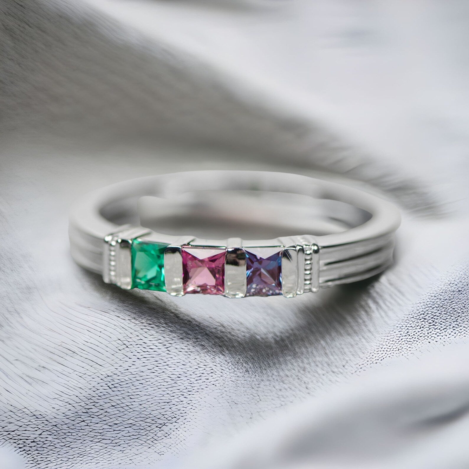 Square Channel Set Intricate Side Family Birthstone Ring