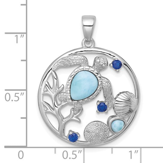 Sterling Silver Larimar and Blue CZ Turtle Sea Life Pendant- Sparkle & Jade-SparkleAndJade.com QC11596