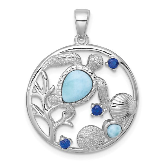 Sterling Silver Larimar and Blue CZ Turtle Sea Life Pendant- Sparkle & Jade-SparkleAndJade.com QC11596