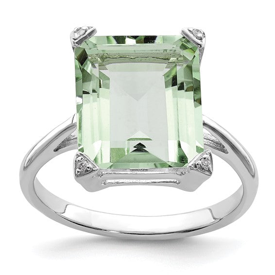 Sterling Silver 12mm Green Quartz Prasiolite Diamond Ring- Sparkle & Jade-SparkleAndJade.com 