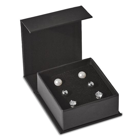 Sterling Silver Ball, 6-7mm Pearl & 5mm CZ Stud 3 Pair Earings Set- Sparkle & Jade-SparkleAndJade.com QE16324SET