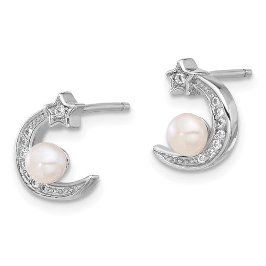 Sterling Silver CZ and Freshwater Pearl Moon and Star Post Earrings- Sparkle & Jade-SparkleAndJade.com QE16718