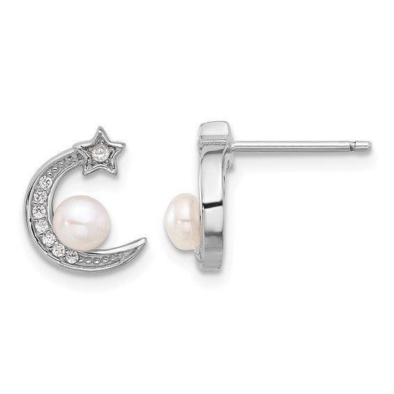 Sterling Silver CZ and Freshwater Pearl Moon and Star Post Earrings- Sparkle & Jade-SparkleAndJade.com QE16718