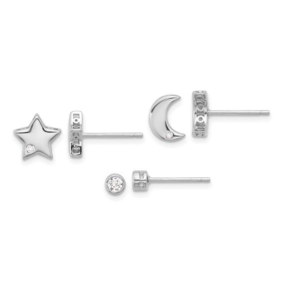 Sterling Silver Gold-tone CZ Moon Star and Round Set of 3 Post Earrings Set- Sparkle & Jade-SparkleAndJade.com QE16725SET