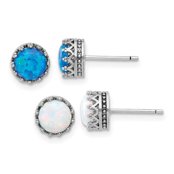 Sterling Silver 7mm Blue and White Opal Earrings Set- Sparkle & Jade-SparkleAndJade.com QE16732SET
