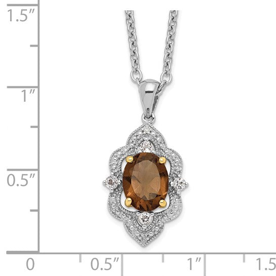 Sterling Silver with 14K Gold Smoky Quartz, White Topaz and Diamond Necklace- Sparkle & Jade-SparkleAndJade.com 