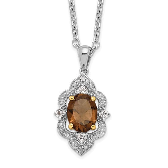 Sterling Silver with 14K Gold Smoky Quartz, White Topaz and Diamond Necklace- Sparkle & Jade-SparkleAndJade.com 