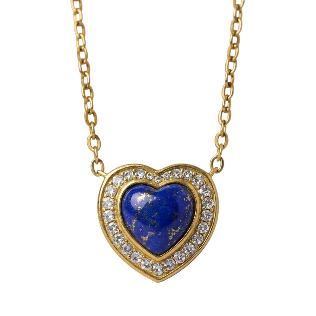 Gold Plated Sterling Silver Lapis Lazuli Heart Halo 15.5" Necklace- Sparkle & Jade-SparkleAndJade.com 