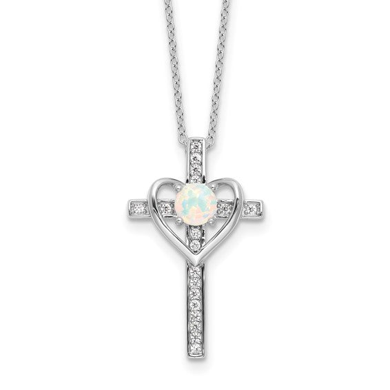 Sterling Silver Created Opal and CZ Cross with Heart Necklace- Sparkle & Jade-SparkleAndJade.com QG6575-18