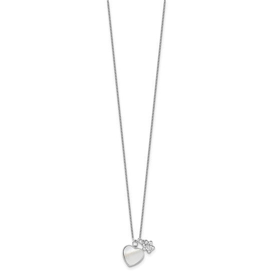 Sterling Silver Mother or Pearl Heart with CZ Paw Necklace- Sparkle & Jade-SparkleAndJade.com QG6684-18