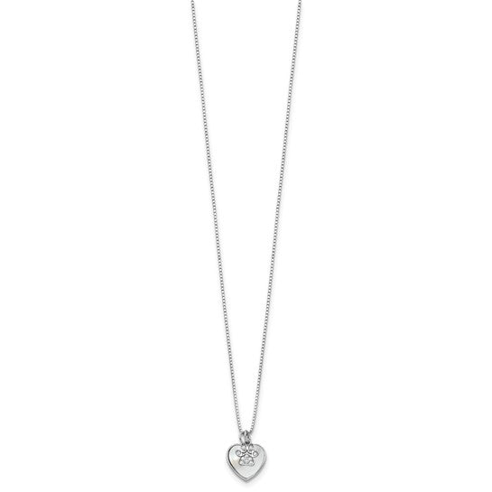 Sterling Silver Mother or Pearl Heart with CZ Paw Necklace- Sparkle & Jade-SparkleAndJade.com QG6684-18