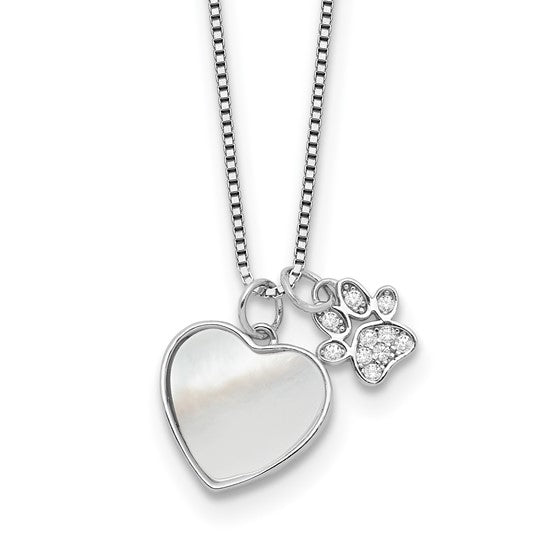 Sterling Silver Mother or Pearl Heart with CZ Paw Necklace- Sparkle & Jade-SparkleAndJade.com QG6684-18