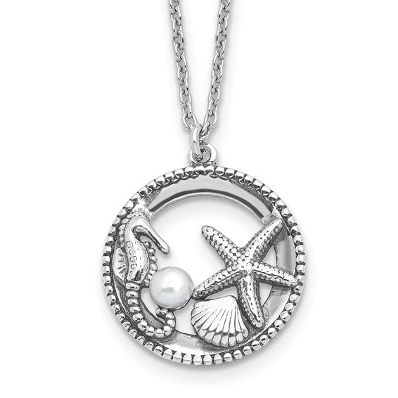 Sterling Silver Pearl Sea Life Seahorse & Starfish Necklace- Sparkle & Jade-SparkleAndJade.com QG6685-16
