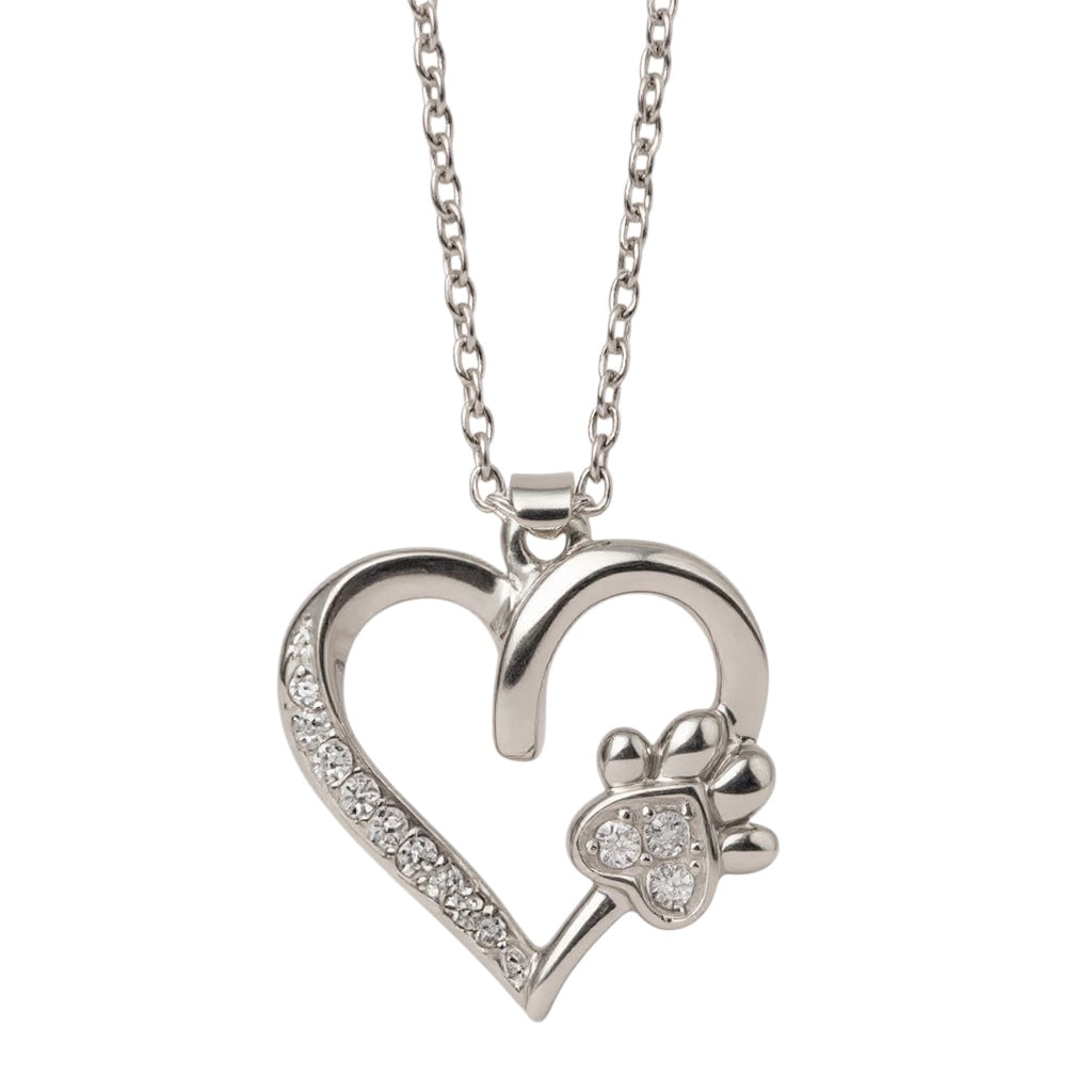 Sterling Silver CZ Heart and Paw Print 16" Necklace- Sparkle & Jade-SparkleAndJade.com 