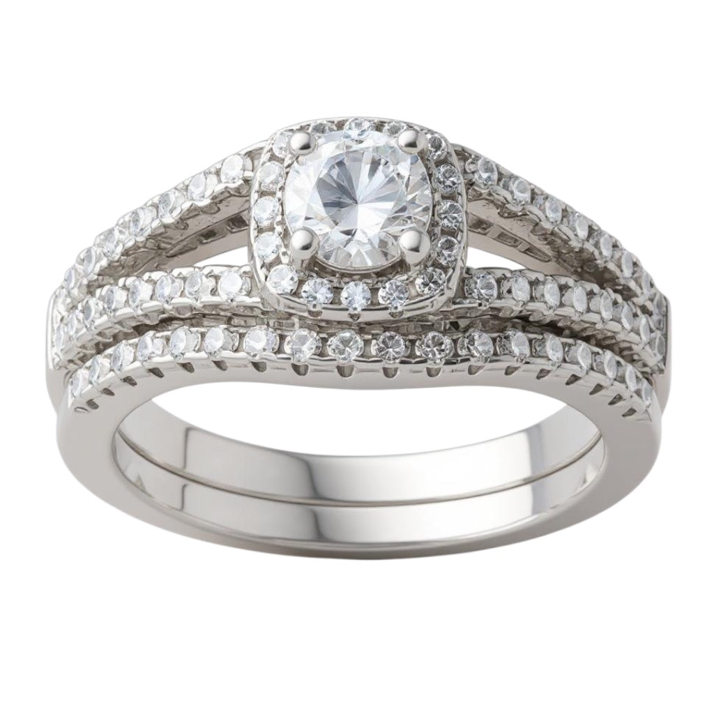 Sterling Silver CZ Brilliant Embers 2-Piece Halo Wedding Set- Sparkle & Jade-SparkleAndJade.com 