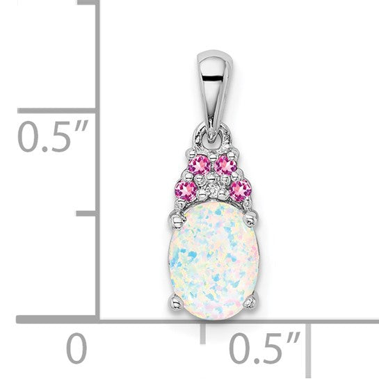 Sterling Silver Diamond Created Pink Sapphire & Opal Pendant- Sparkle & Jade-SparkleAndJade.com QP4805