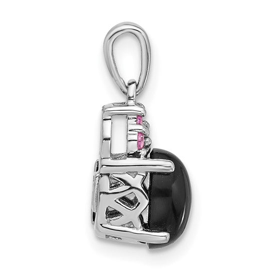 Sterling Silver Onyx, Created Pink Sapphire and Diamond Pendant- Sparkle & Jade-SparkleAndJade.com QP5748