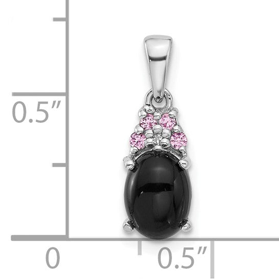 Sterling Silver Onyx, Created Pink Sapphire and Diamond Pendant- Sparkle & Jade-SparkleAndJade.com QP5748