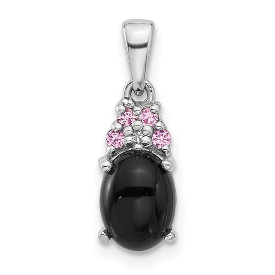 Sterling Silver Onyx, Created Pink Sapphire and Diamond Pendant- Sparkle & Jade-SparkleAndJade.com QP5748