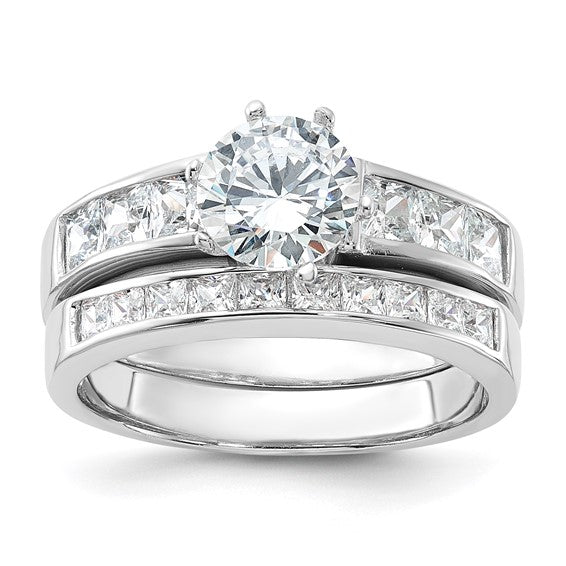 Sterling Silver 2-Piece CZ Round Center with Square Channel Wedding Ring Set- Sparkle & Jade-SparkleAndJade.com 