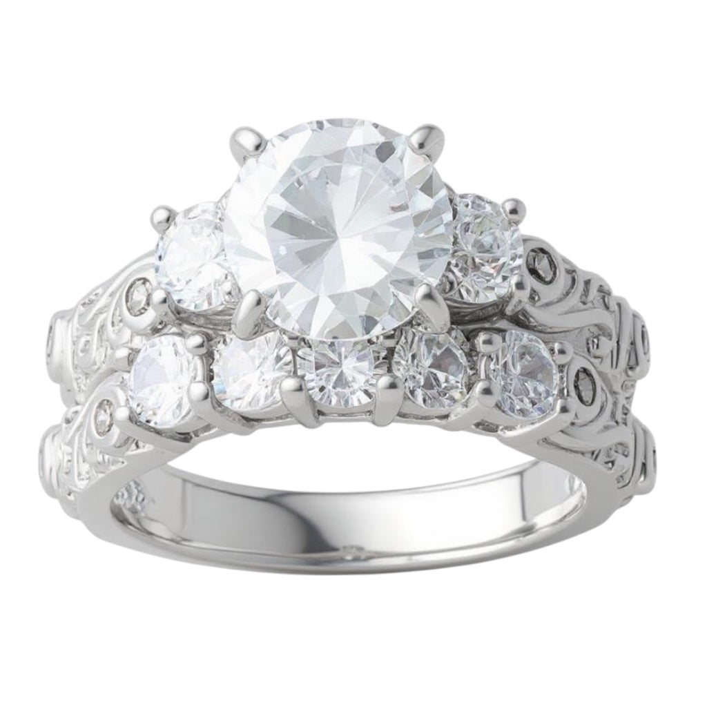 Sterling Silver 2 Piece CZ Round Channel Set Promise Wedding Ring Set Sterling Silver / 6, image size:1024x1024