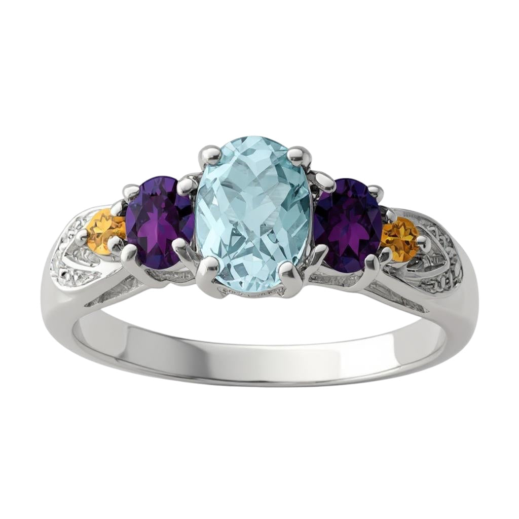 Sterling Silver Light Swiss Blue Topaz, Amethyst, Citrine & Diamond Ring- Sparkle & Jade-SparkleAndJade.com 