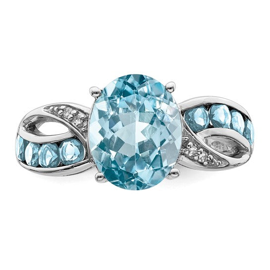 Sterling Silver Diamond & Light Swiss Blue Topaz Oval Ring- Sparkle & Jade-SparkleAndJade.com 