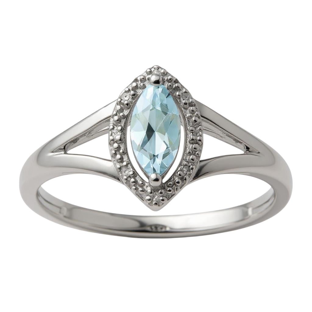 Sterling Silver Diamond and Aquamarine Marquise Ring- Sparkle & Jade-SparkleAndJade.com 