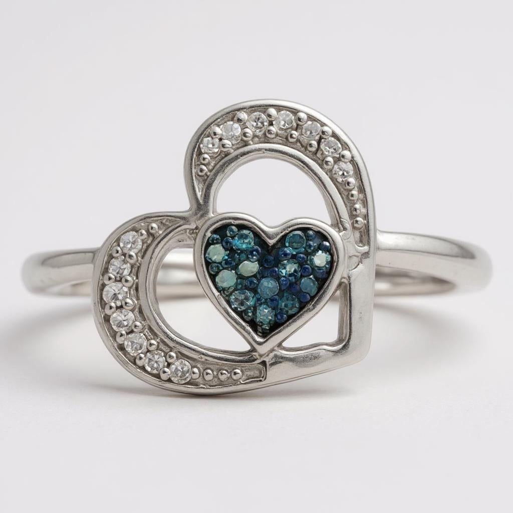 Sterling Silver Blue and White Diamond Heart Ring- Sparkle & Jade-SparkleAndJade.com 