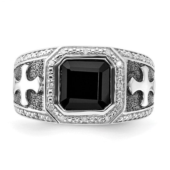 Sterling Silver Diamond & Onyx Black Rhodium Plated Cross Men's Ring- Sparkle & Jade-SparkleAndJade.com 