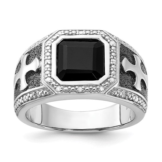 Sterling Silver Diamond & Onyx Black Rhodium Plated Cross Men's Ring- Sparkle & Jade-SparkleAndJade.com 