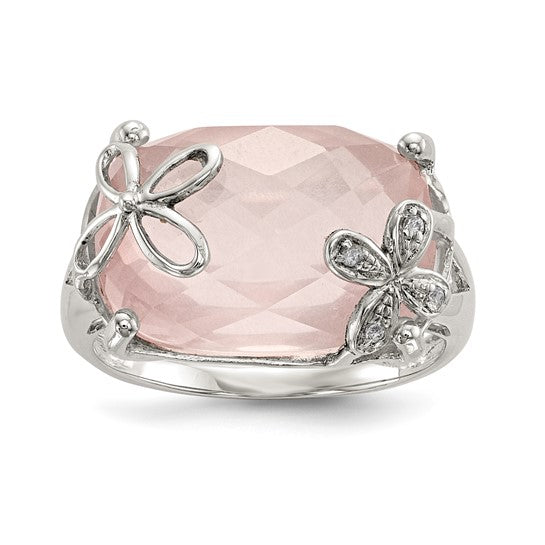 Sterling Silver Rose Quartz and White Sapphire Floral Ring- Sparkle & Jade-SparkleAndJade.com 