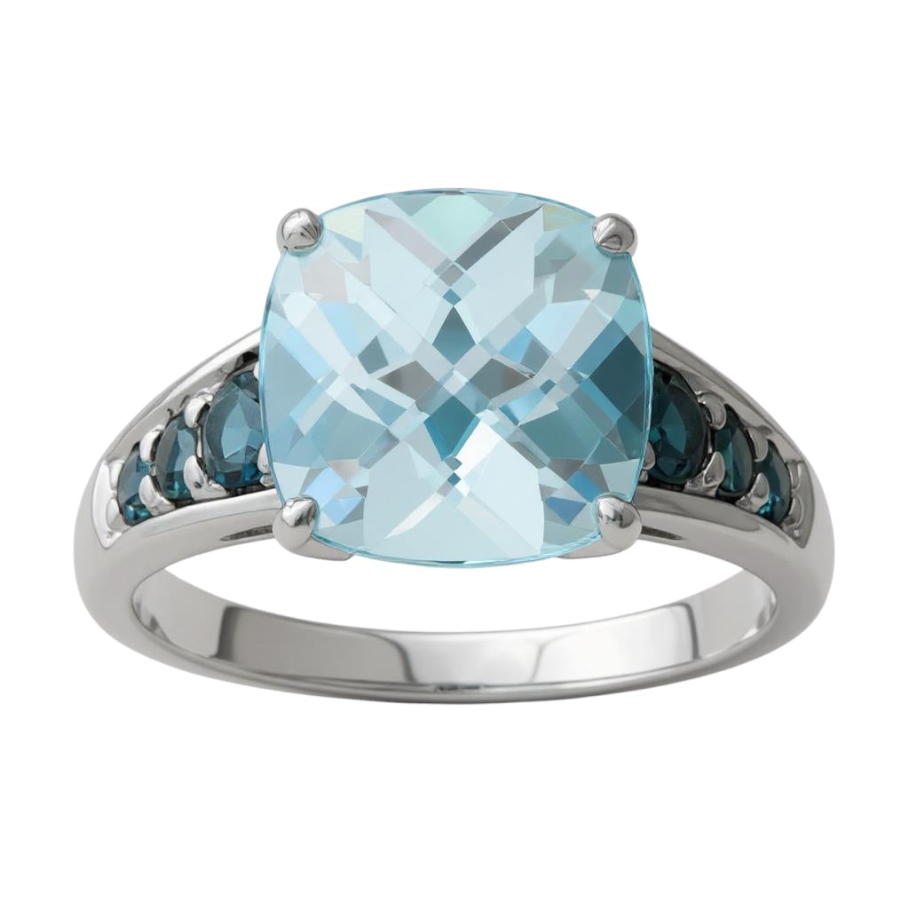 Sterling Silver Cushion Cut Sky Blue Topaz And London Blue Topaz Ring- Sparkle & Jade-SparkleAndJade.com 