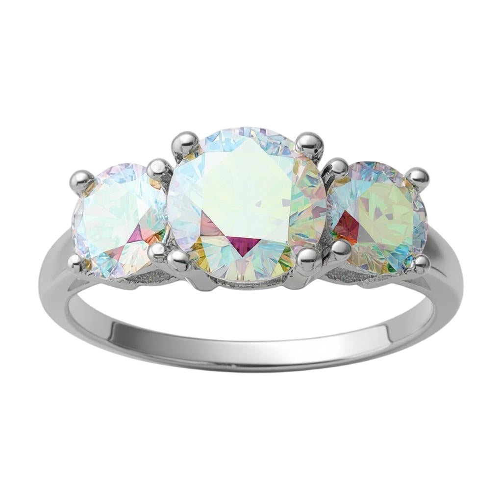 Sterling Silver Iridescent CZ 3-Stone Ring- Sparkle & Jade-SparkleAndJade.com 