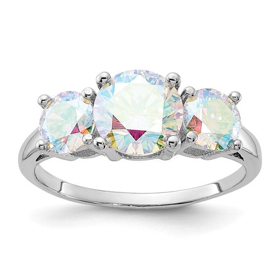 Sterling Silver Iridescent CZ 3-Stone Ring- Sparkle & Jade-SparkleAndJade.com 