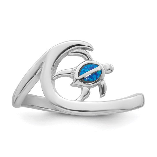 Sterling Silver Blue Created Opal Turtle on Wave Ring- Sparkle & Jade-SparkleAndJade.com 