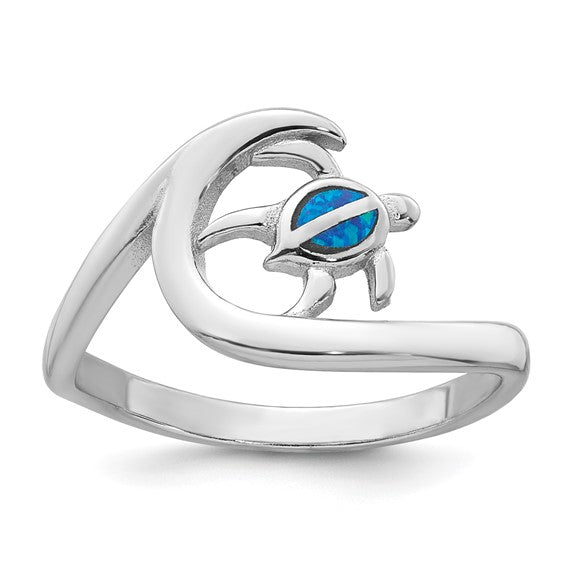 Sterling Silver Blue Created Opal Turtle on Wave Ring- Sparkle & Jade-SparkleAndJade.com 