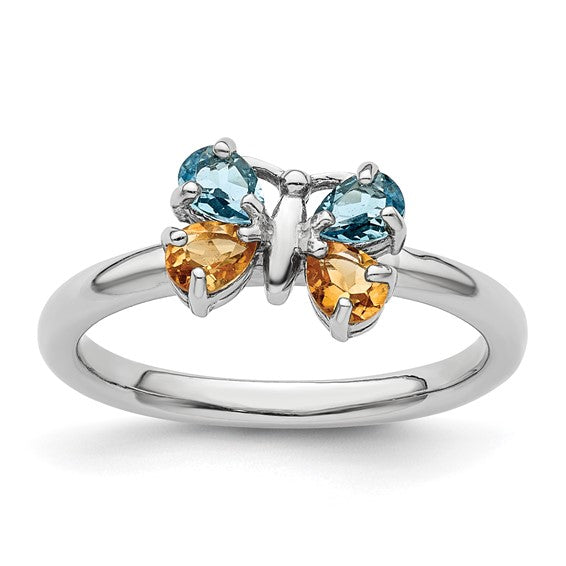 Sterling Silver Stackable Expressions Blue Topaz & Citrine Butterfly Ring- Sparkle & Jade-SparkleAndJade.com 