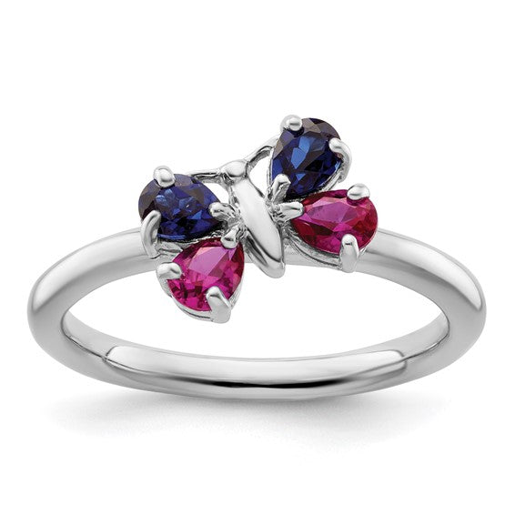 Sterling Silver Stackable Expressions Ruby and Blue Sapphire Butterfly Ring- Sparkle & Jade-SparkleAndJade.com 