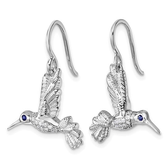 Sterling Silver White Ice Diamond and Blue Sapphire Hummingbird Earrings- Sparkle & Jade-SparkleAndJade.com QW585