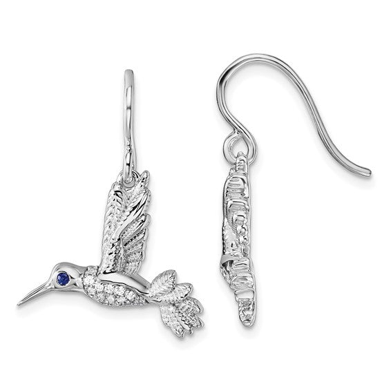 Sterling Silver White Ice Diamond and Blue Sapphire Hummingbird Earrings- Sparkle & Jade-SparkleAndJade.com QW585