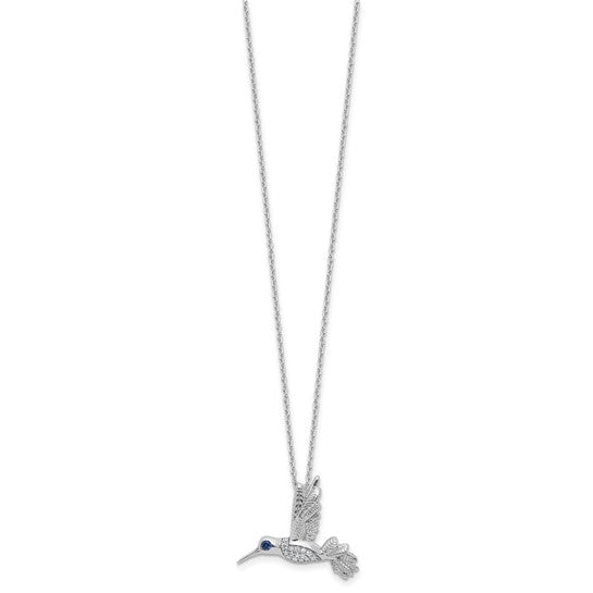 Sterling Silver White Ice Diamond and Blue Sapphire Hummingbird Necklace- Sparkle & Jade-SparkleAndJade.com QW586-18